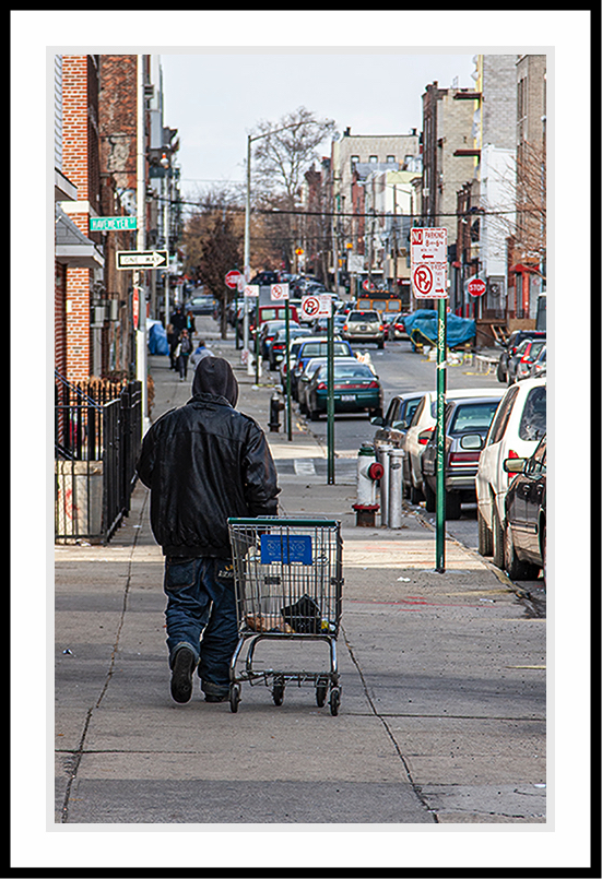 Person pulling shopping cart down a busy street.